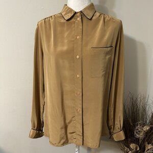 Vtg Toffee Women Button Up Blouse Top Carmel Brown Satin Black Strip Accent 16